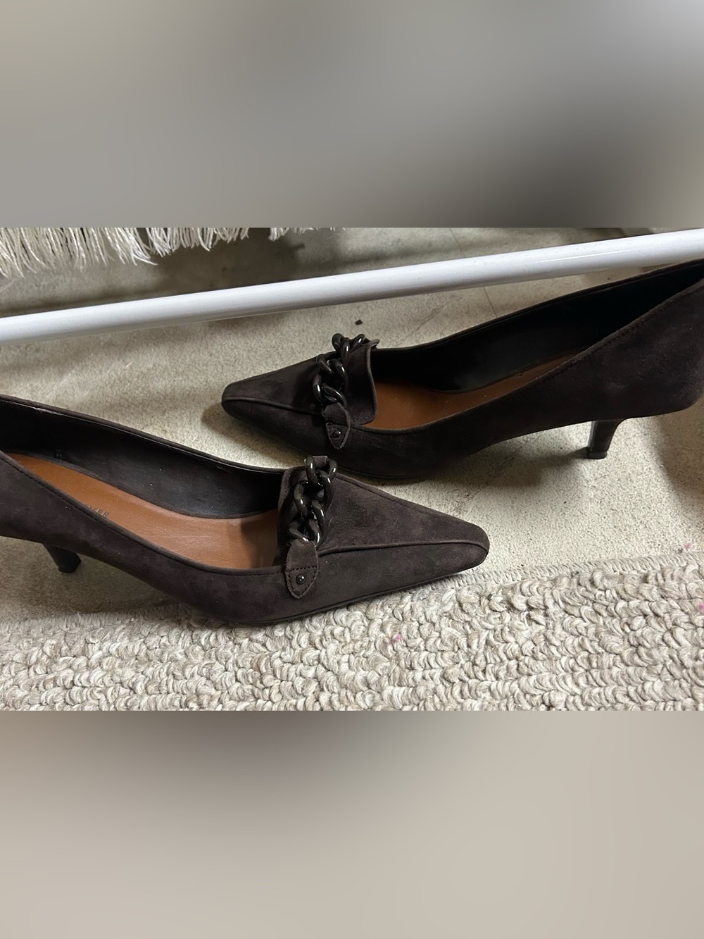 Etienne Aigner Dark Brown Suede Pointed Toe Kitten Heels with Chain